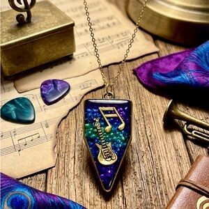 Gold Music Note & Guitar Pendant Necklace - Purple Blue Green